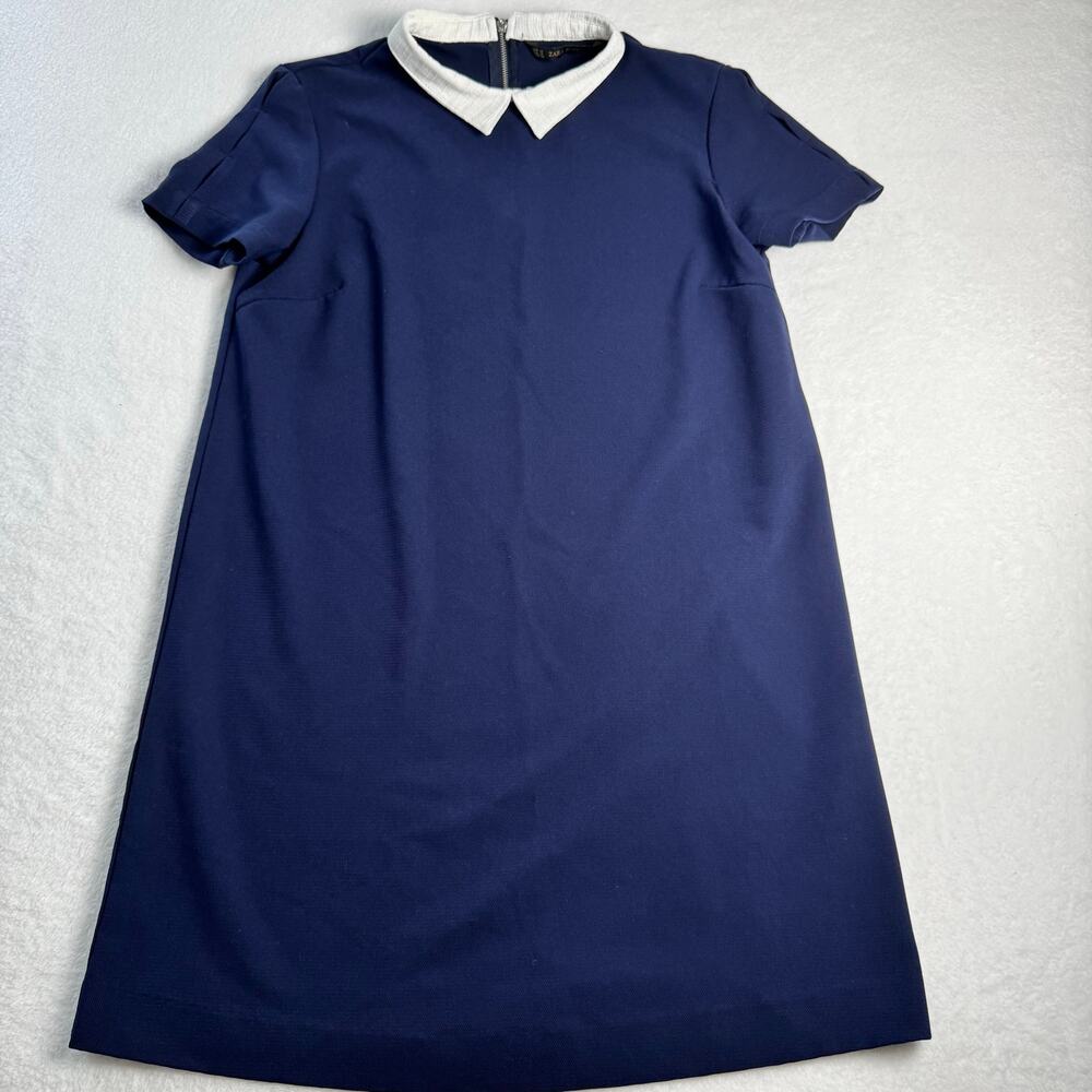 Zara Basic Navy Peter Pan Collar Shift Dress Short Sleeve A-Line Size M